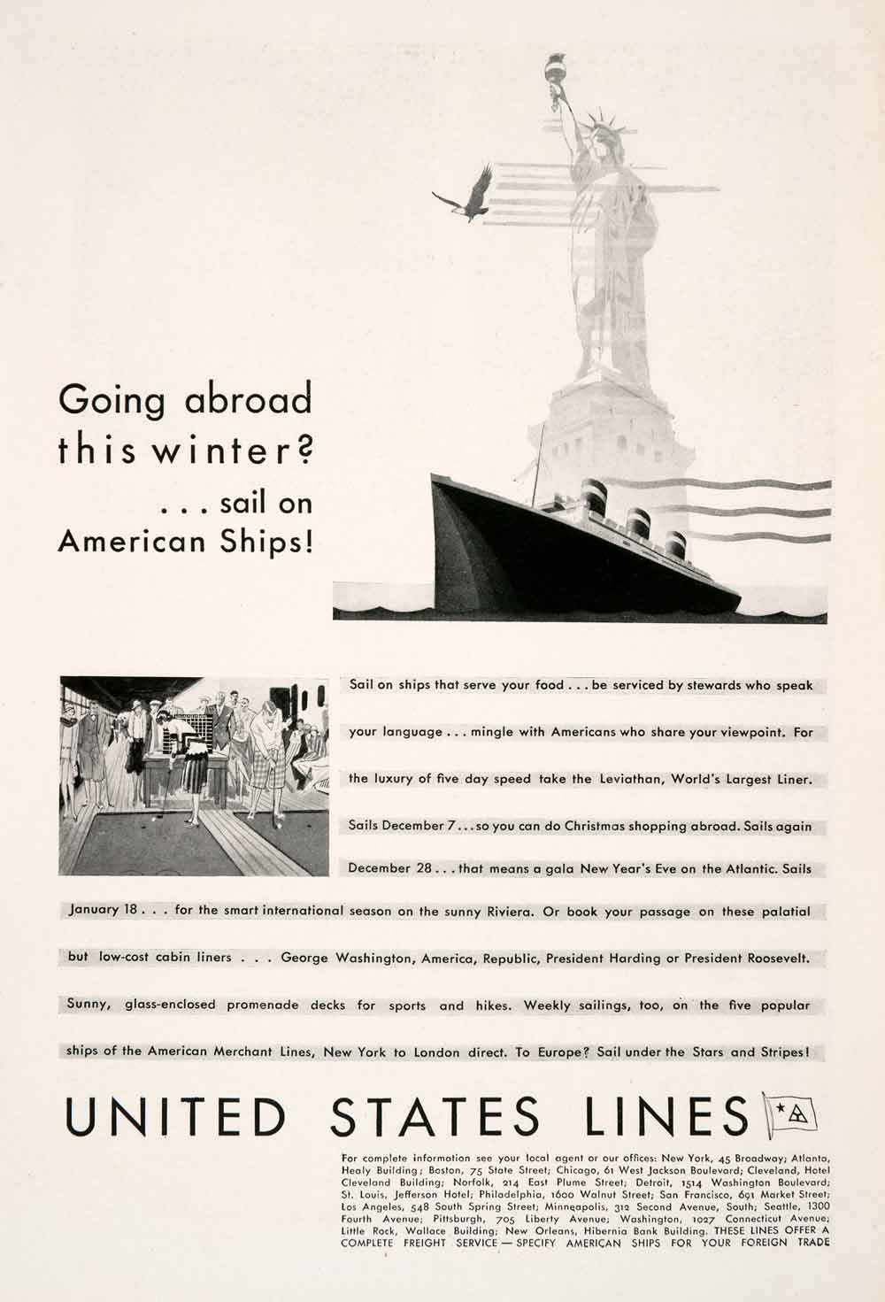 1929 Ad United States Cruise Leviathan Ship Golf Statue Liberty Tourism NGM4