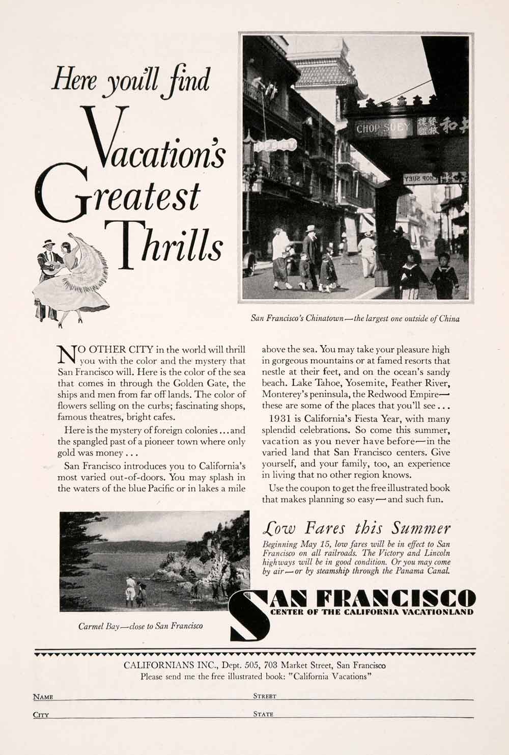 1931 Ad San Francisco California Chinatown Vacation Tourism Monterey Carmel NGM4