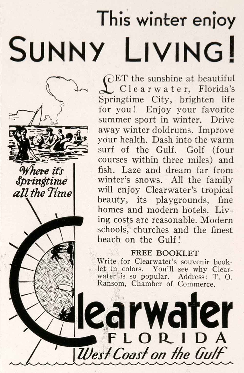 1930 Ad Clearwater Florida Gulf Coast Tourism Recreation Sports T. O NGM4