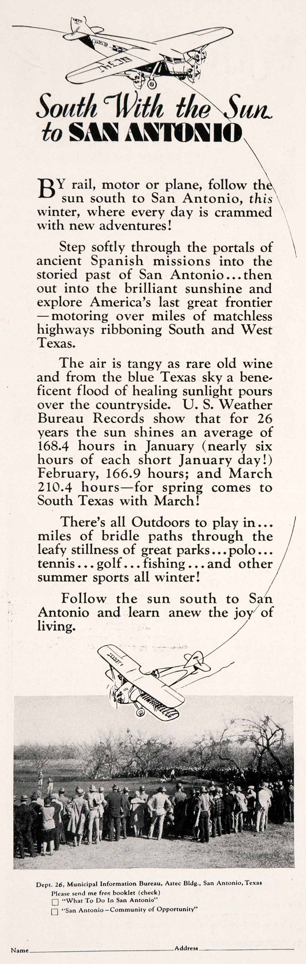 1930 Ad San Antonio Texas Tourism Weather Temperature Recreation Spanish NGM4