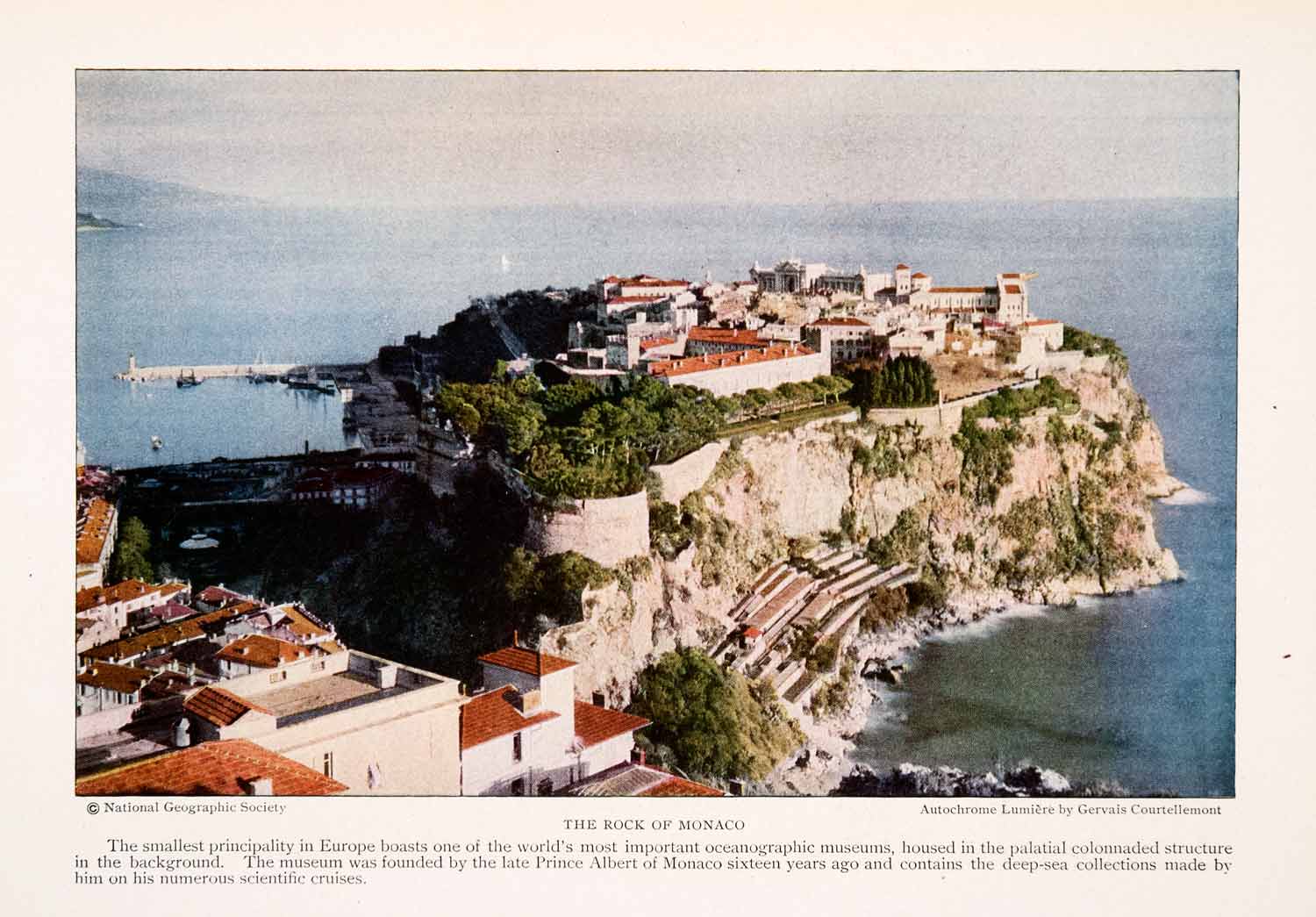 1926 Color Print Monaco Rock Europe Cityscape Oceanography Museum Historic NGM4