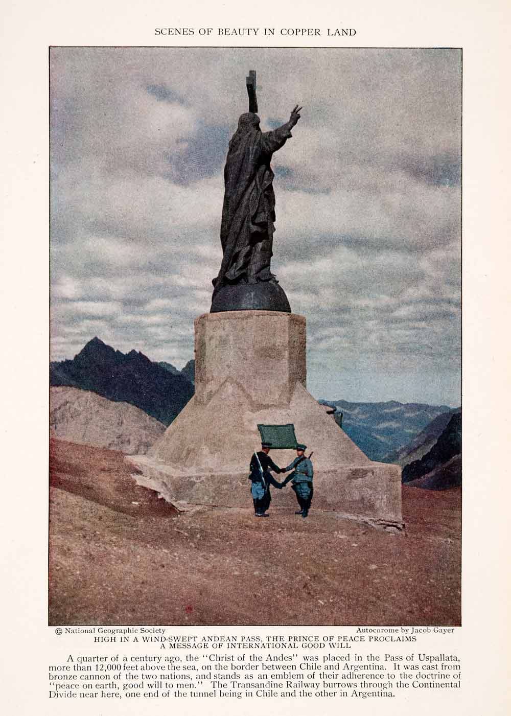 1929 Color Print Andean Pass Peace Prince Bronze Jesus Statue Chile NGM4
