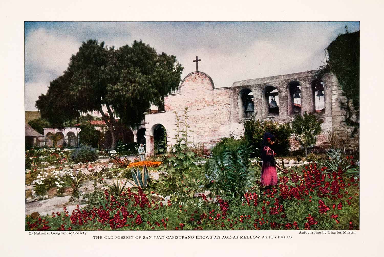 1929 Color Print San Juan Capistrano Spanish Mission Garden California NGM4