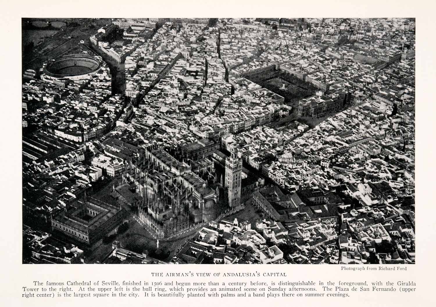 1929 Halftone Print Andalusia Cathedral Seville Spain Aerial Cityscape NGM4