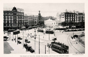 1929 Halftone Print Barcelona Spain Cityscape Rambla Plaza Cataluna Antique NGM4