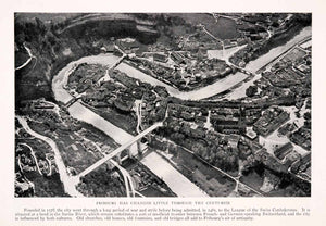 1932 Halftone Print Fribourg Switzerland Aerial View Cityscape Sarine River NGM4