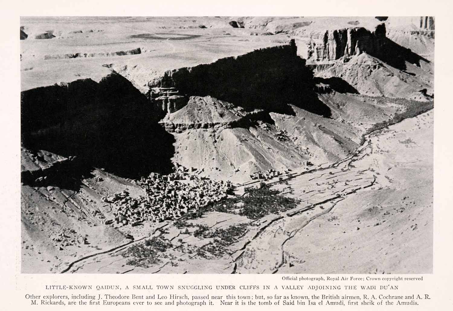 1932 Halftone Print Qaidun Yemen Aerial View Cityscape Landscape Wadi Du'an NGM4