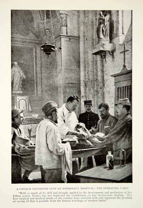 1917 Print World War I Church Hospital Operating Table Historical Image NGM5