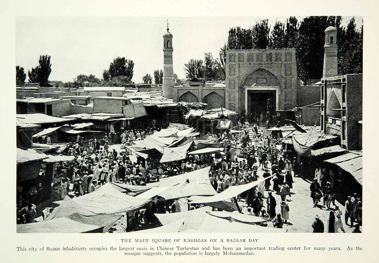 1931 Print Main Square Kashgar Kashi Bazaar Market Chinese Cityscape Tents NGM7