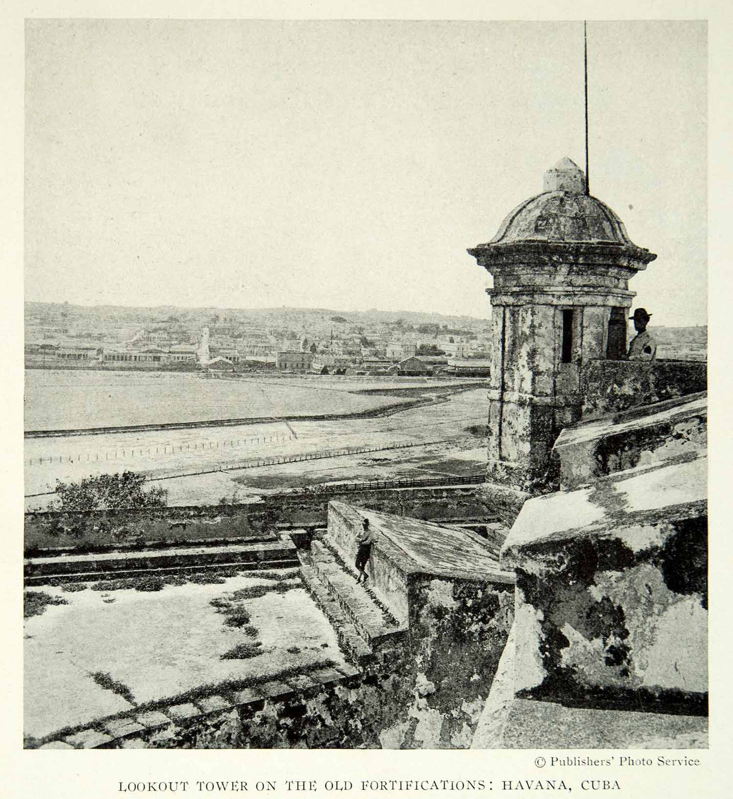 1922 Print Havana Cuba Lookout Tower Fort Cityscape Architecture Fortress NGM7
