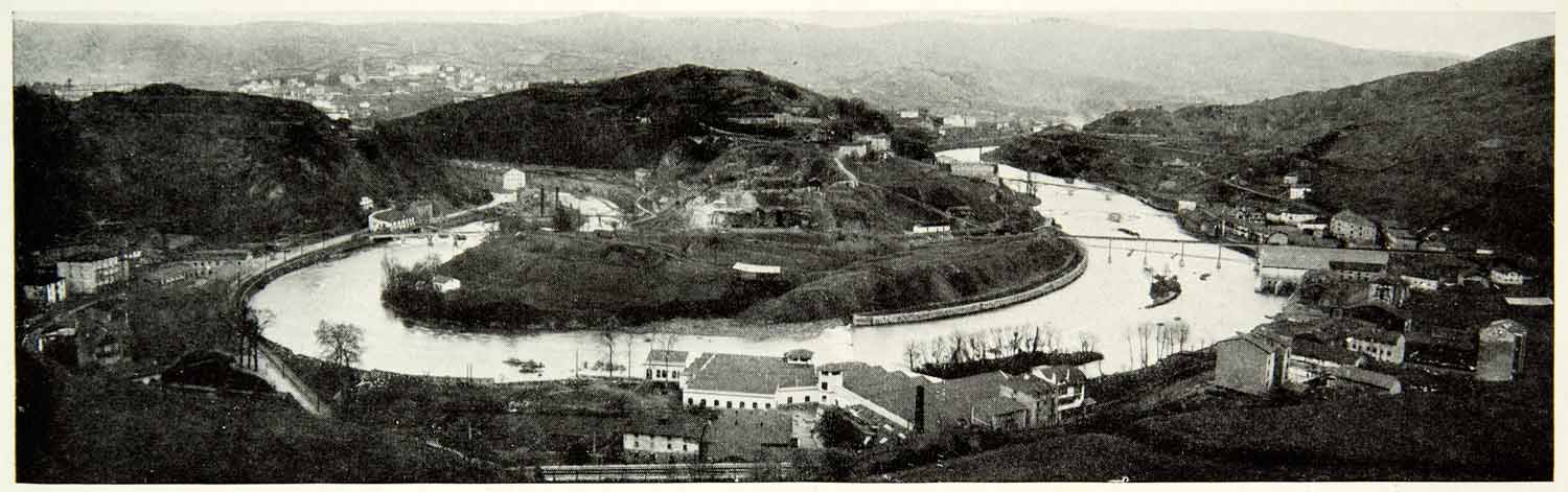 1922 Print Bilbao River Nervion Mountains Vizcaya Landscape Cityscape Spain NGM7