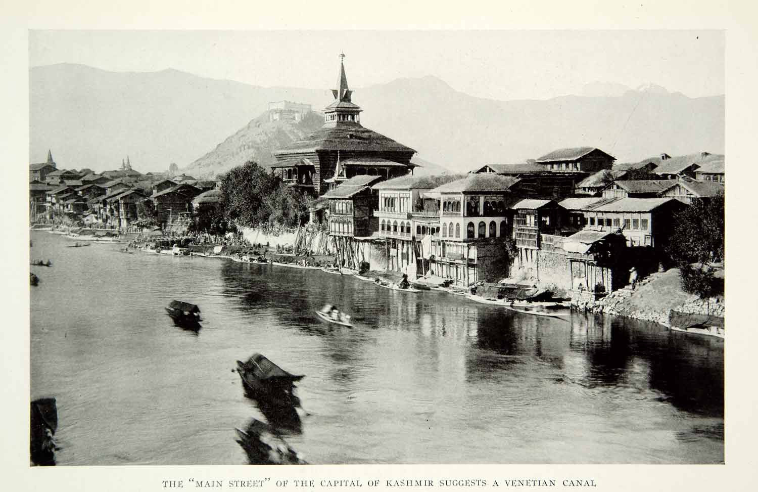1921 Print Kashmir India Cityscape Jhelum River Srinagar Canal Mountains NGM7 - Period Paper
