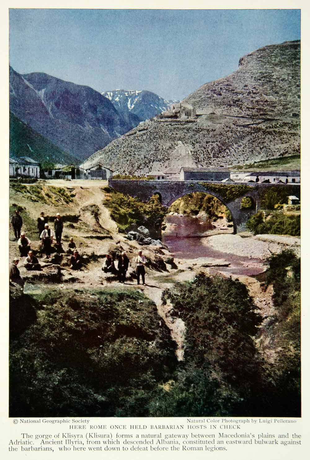 1931 Color Print Rome Klisyra Macedonia Adriatic Landscape Bridge River NGM7