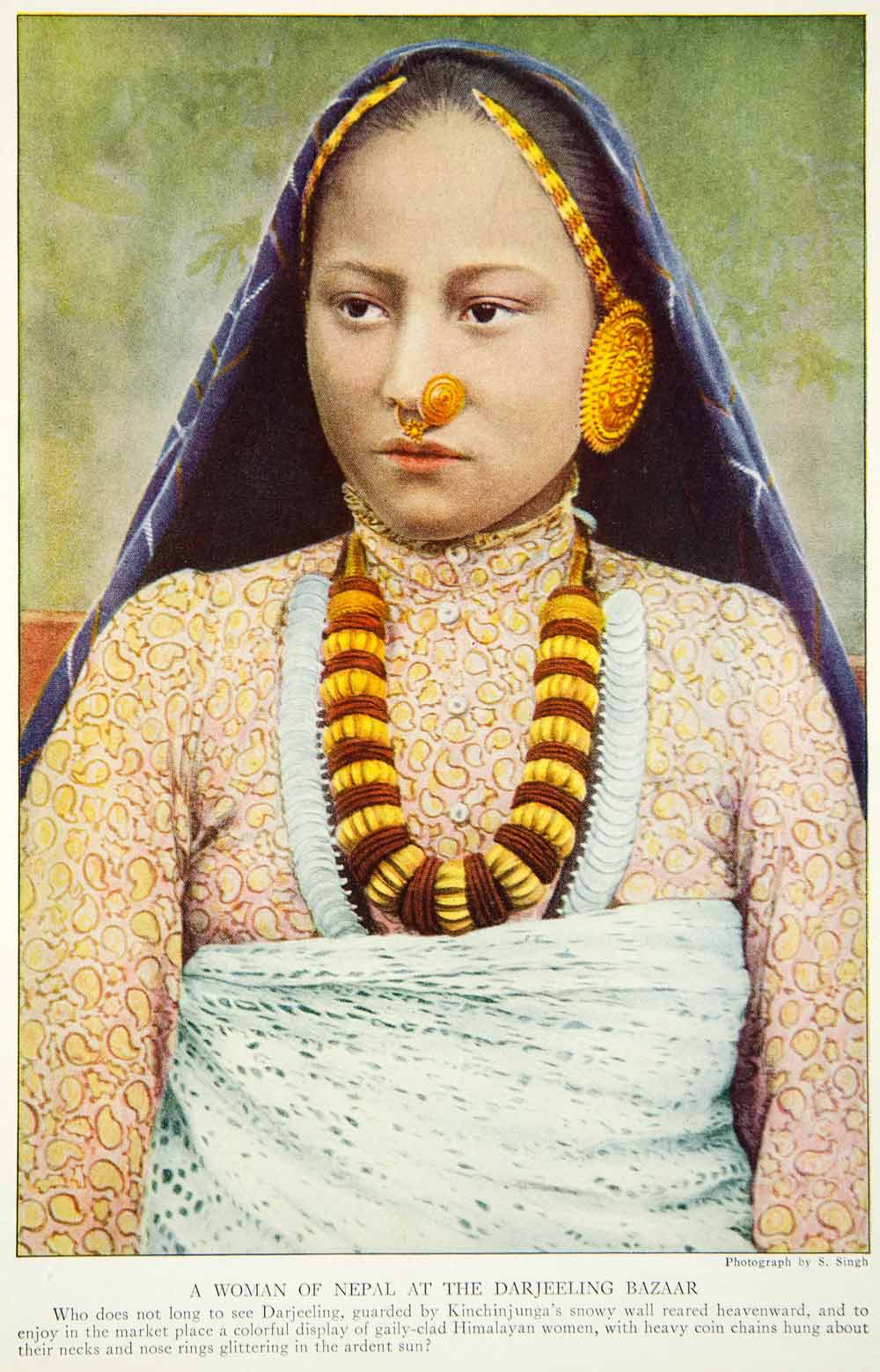 1921 Color Print Portrait Nepalese Woman Darjeeling Bazaar Costume Fashion NGM7