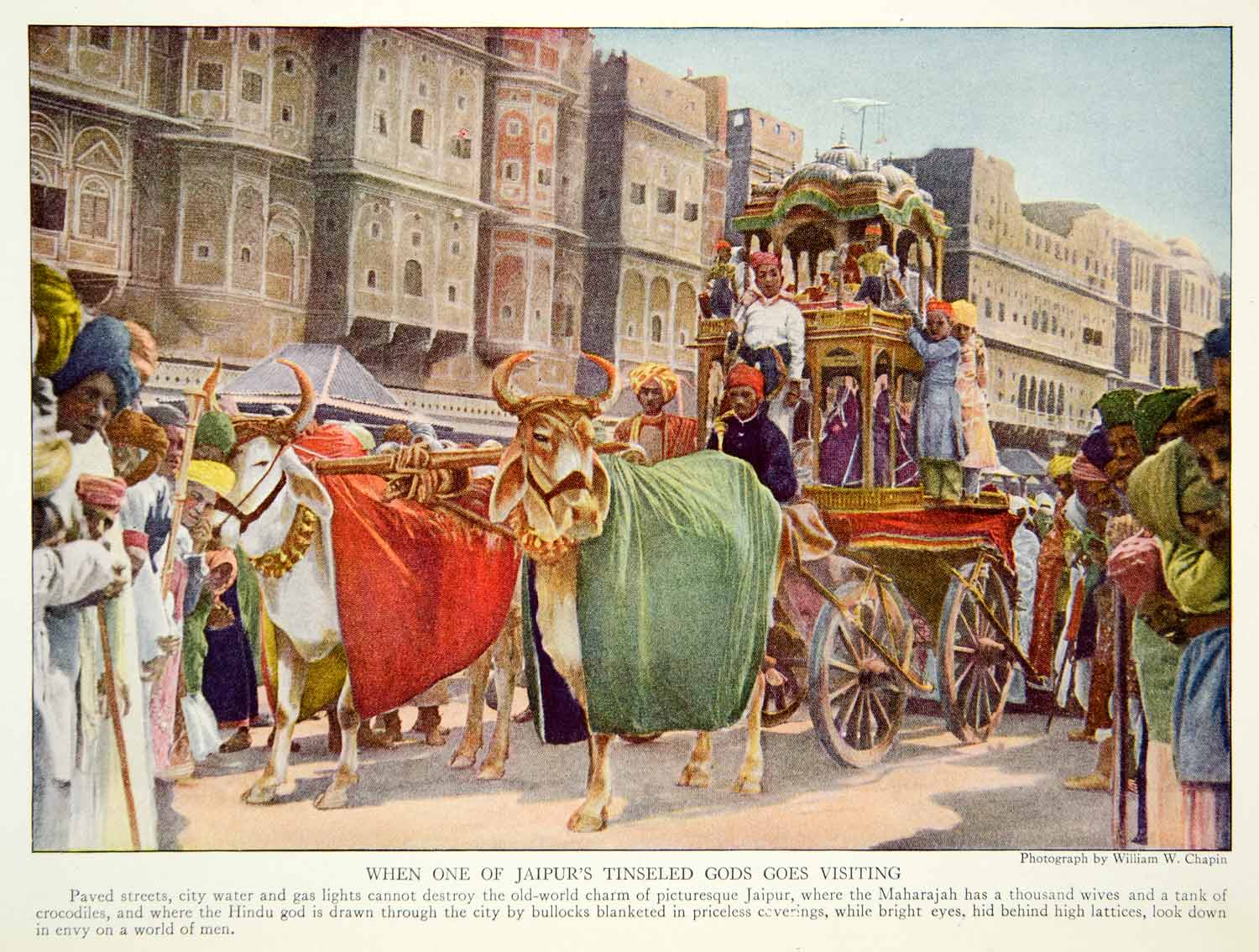 1921 Color Print Cityscape Jaipur India Street Scene Parade Hindu God Cart NGM7
