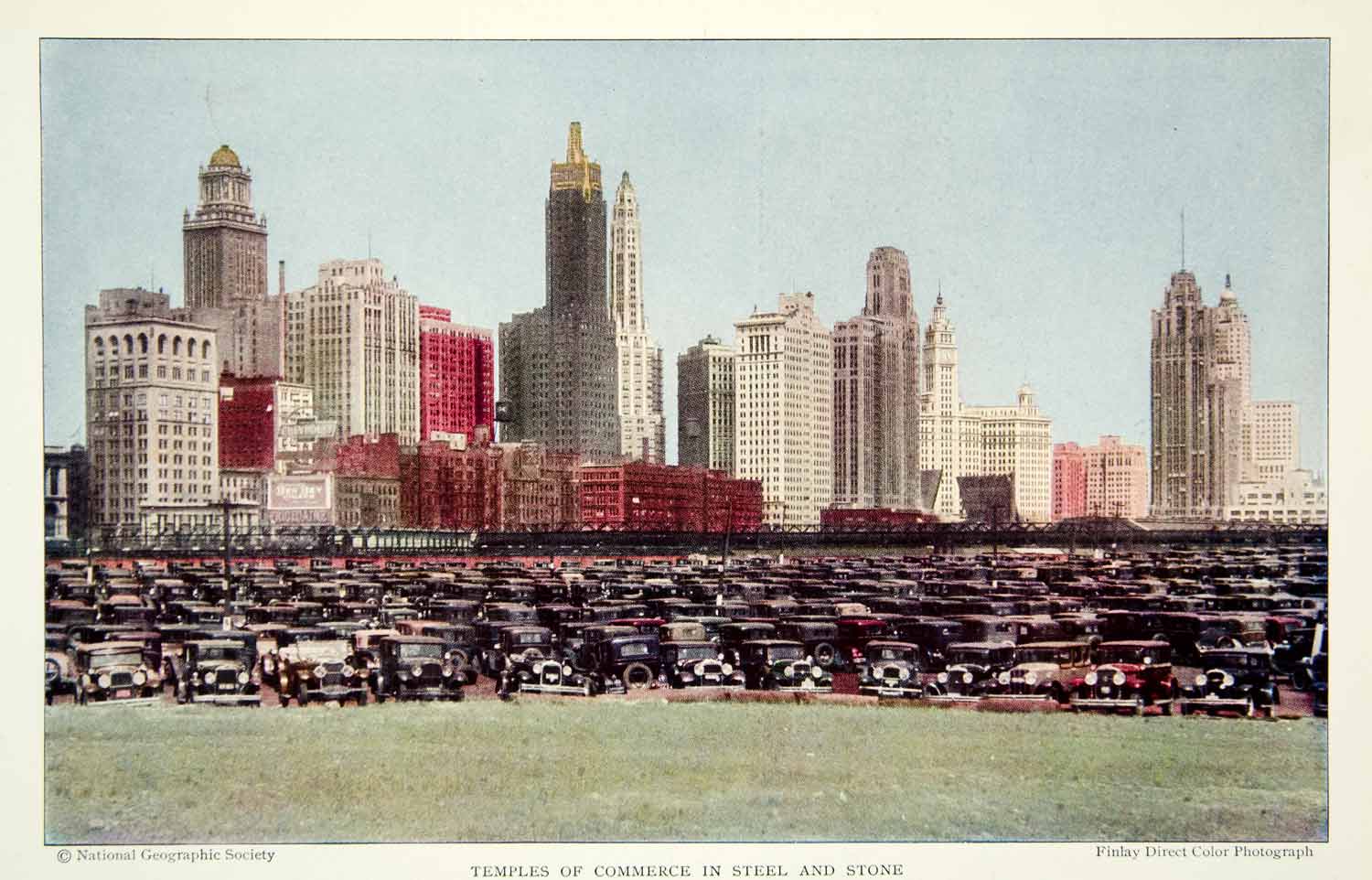1931 Color Print Chicago Cityscape Skyline Automobile Tribune Tower Wrigley NGM7
