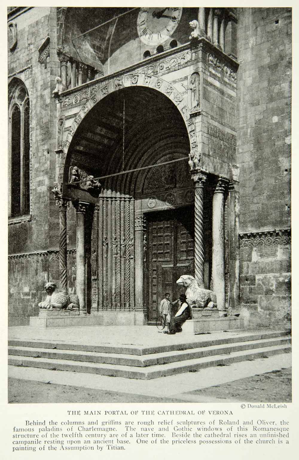 1922 Print Cathedral Verona Italy Main Doorway Portal Historical Statue NGM8