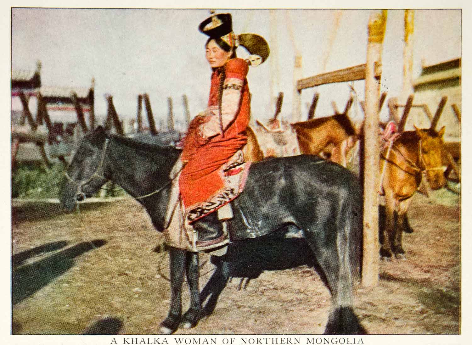 1922 Color Print Khalka Woman Northern Mongolia Costume Dress Traditional NGM8