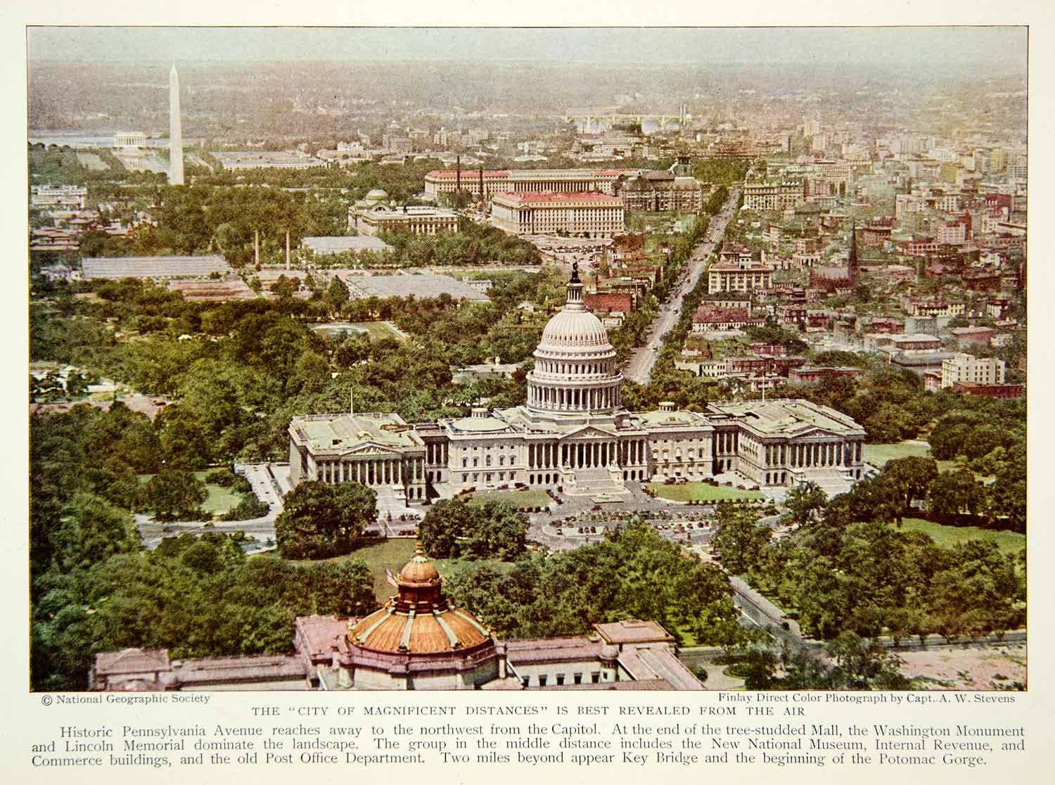 1931 Color Print Washington D.C. Aerial View Monument Capitol Building NGM8