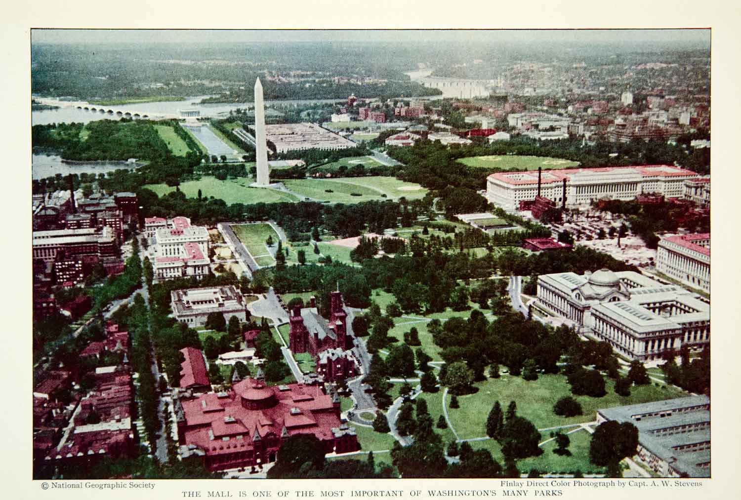 1931 Color Print Aerial View Washington D.C. Lincoln Monuments Museums NGM8