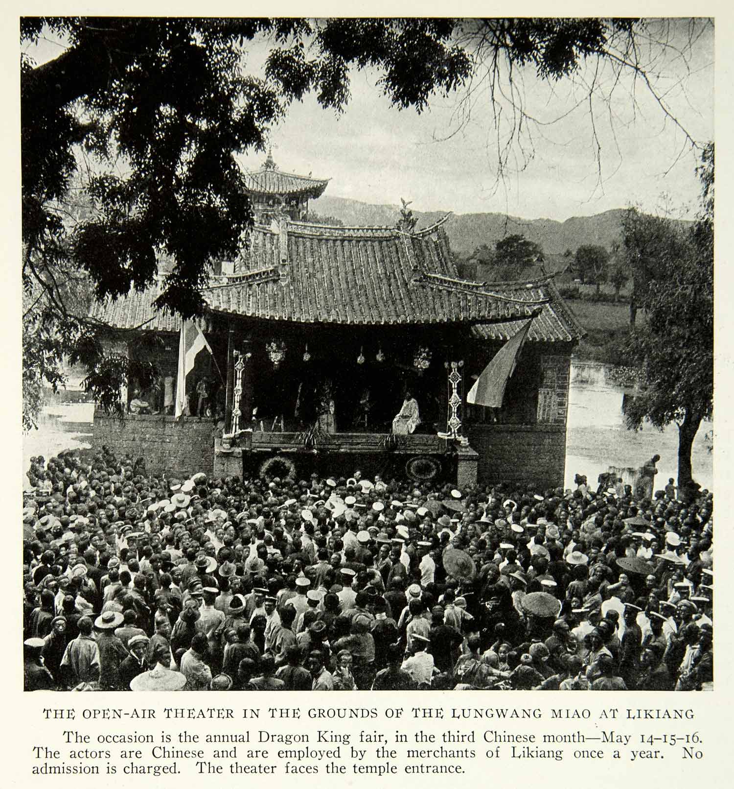 1924 Print Likiang China Town Open Air Theater Performance Historical Image NGM9
