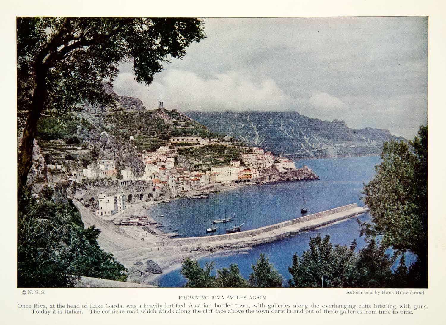 1926 Color Print Riva Italy Lake Garda Harbor Landscape Historical Image NGM9