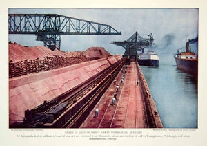 1932 Color Print Ohio Ashtabula Docks Harbor Trade Iron Boat Historical NGM9