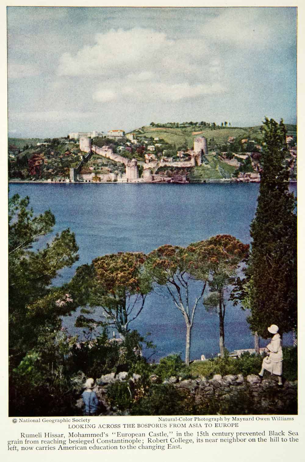 1929 Color Print Bosporus Straight Asia Europe Boarder Rumeli Hissar Castle NGM9