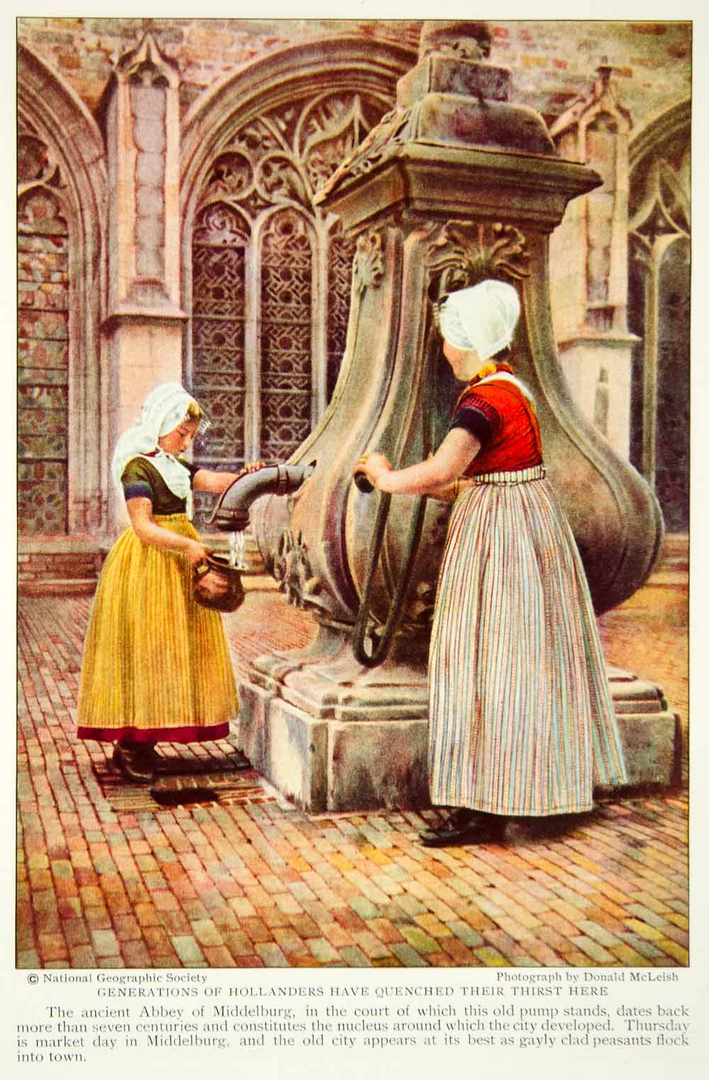 1929 Color Print Middelburg Abbey Netherlands Water Pump Costume Fashion NGM9
