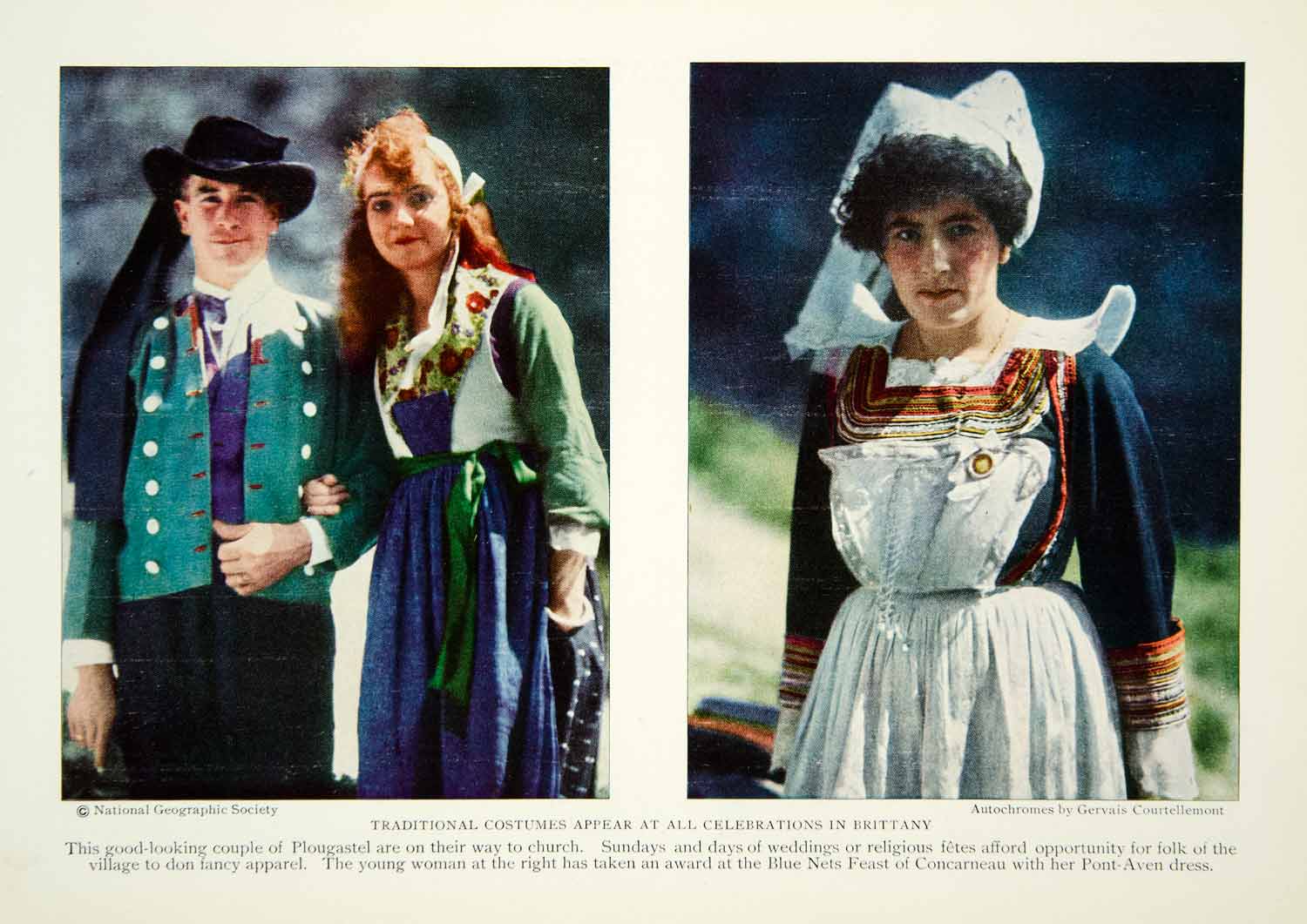 1929 Color Print Brittany France Villagers Traditional Costume Historical NGM9