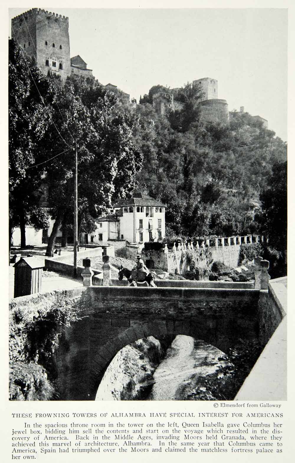 1928 Print Alhambra Fortress Castle Spain Granada Tower Bridge Historical NGMA1