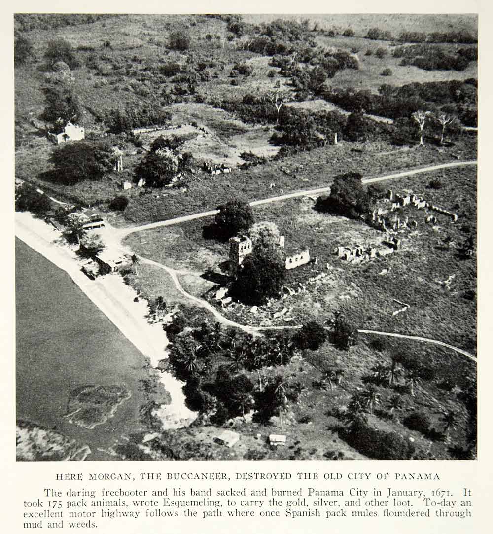 1928 Print Morgan Buccaneer Pirate Panama City Destruction Aerial View NGMA1