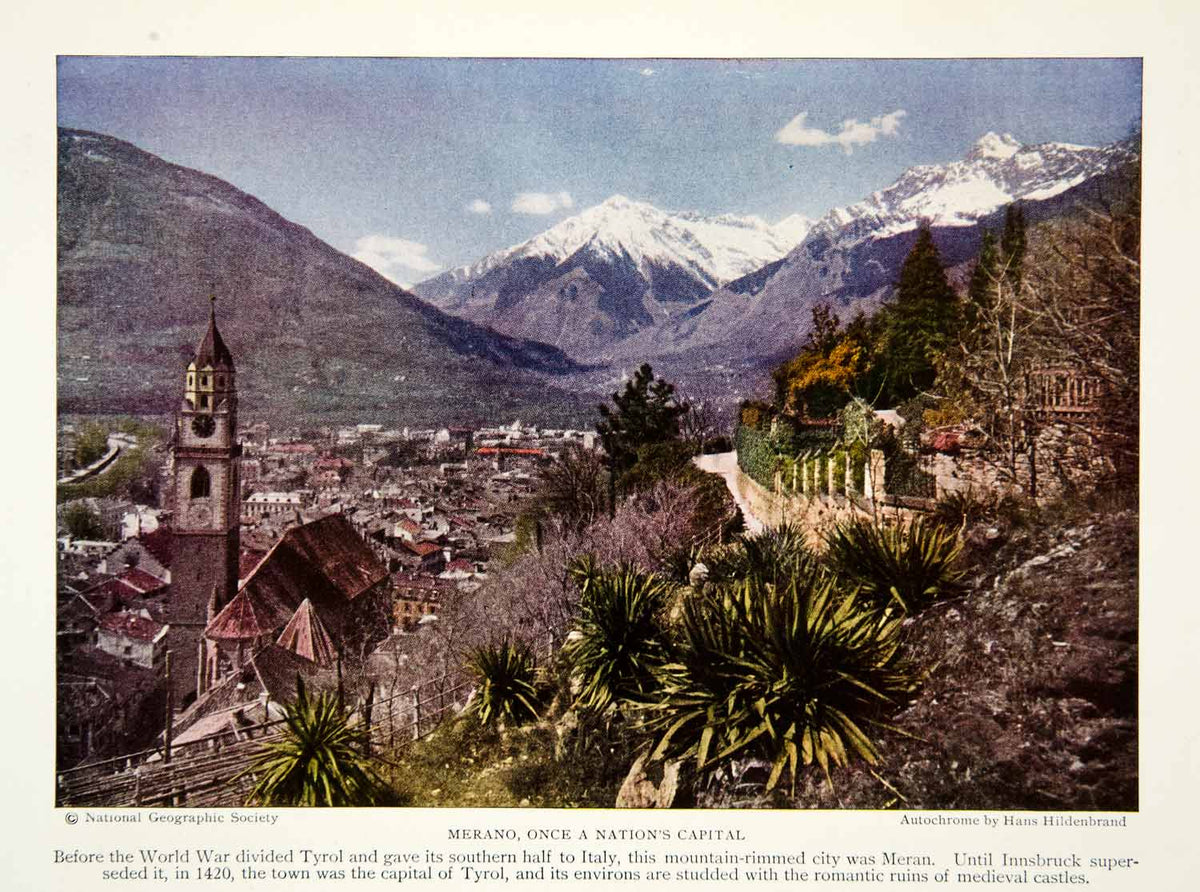 1928 Color Print Merano Meran Capital Tyrol Cityscape Medieval Histori ...