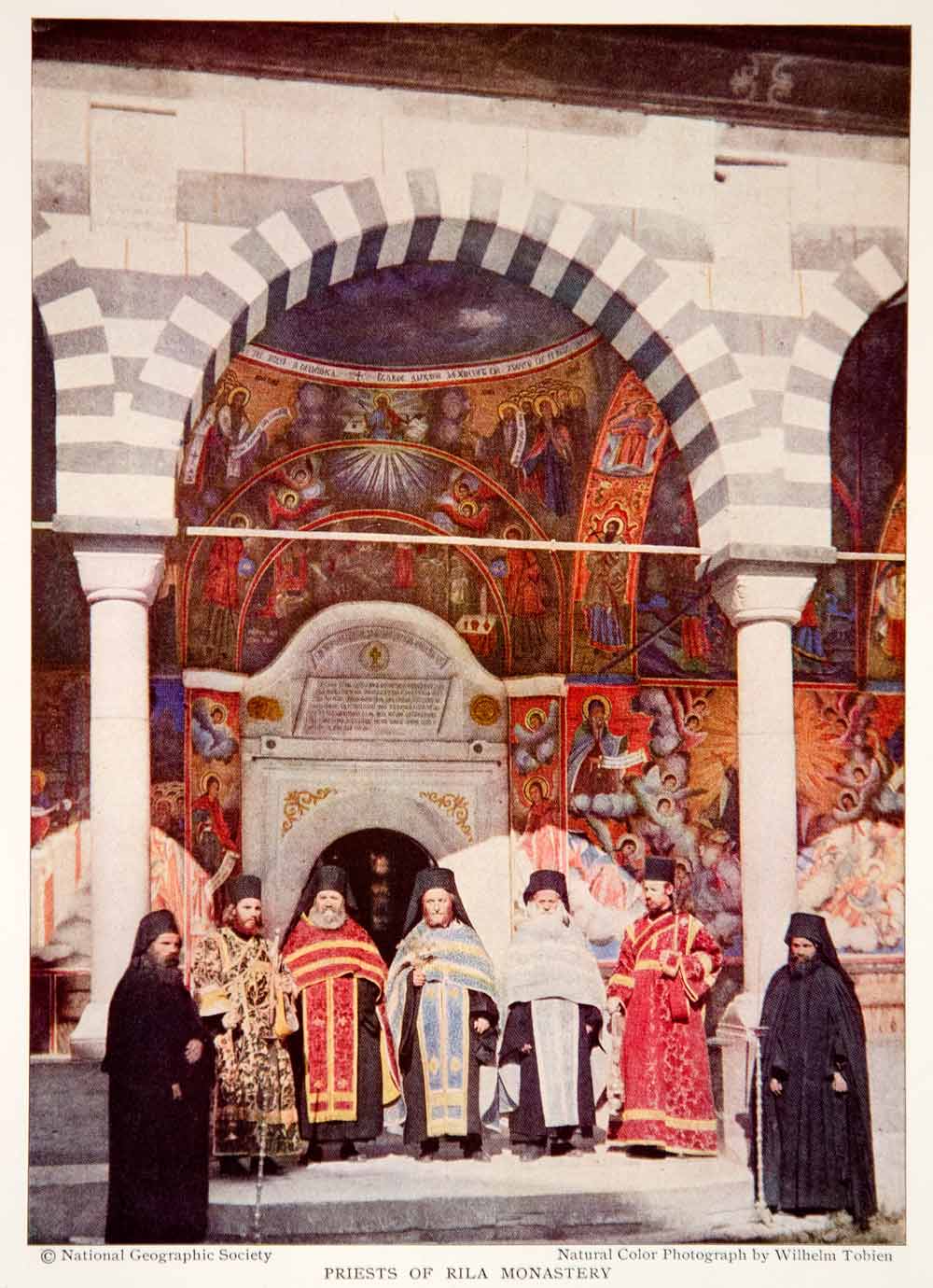 1932 Print Bulgaria Rila Monastery Priests Traditional Costume Historical NGMA2