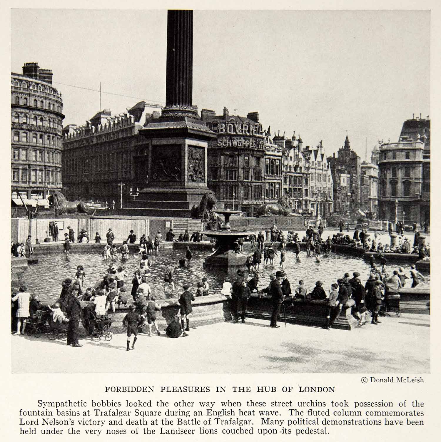 1934 Print Trafalgar Square Monument Memorial London England Fountain NGMA3