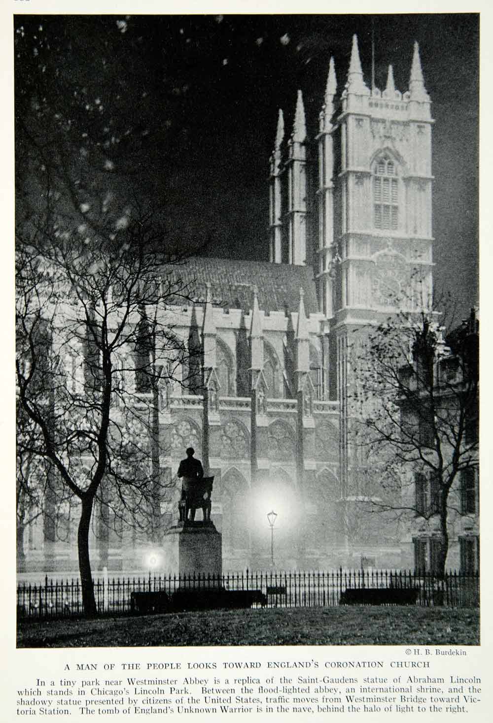 1935 Print Westminster Abbey Saint Gaudens Statue Abe Lincoln London Park NGMA5
