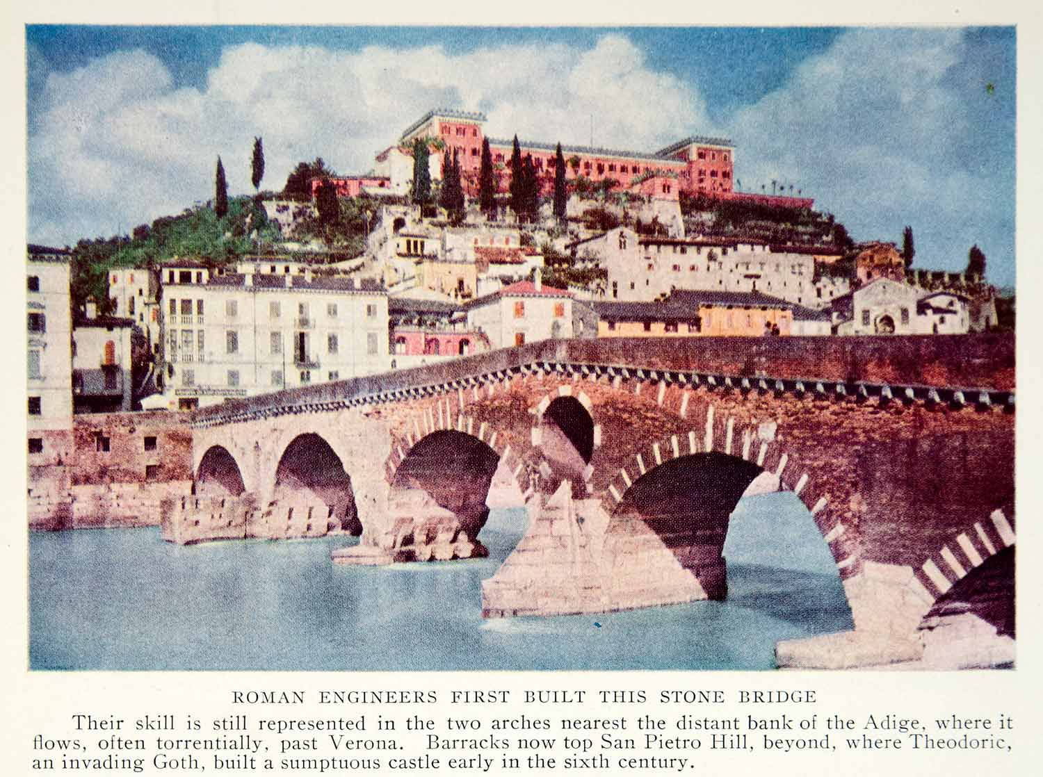 1935 Print Cityscape Verona Italy Adige Bridge River San Pietro Hill Brick NGMA5