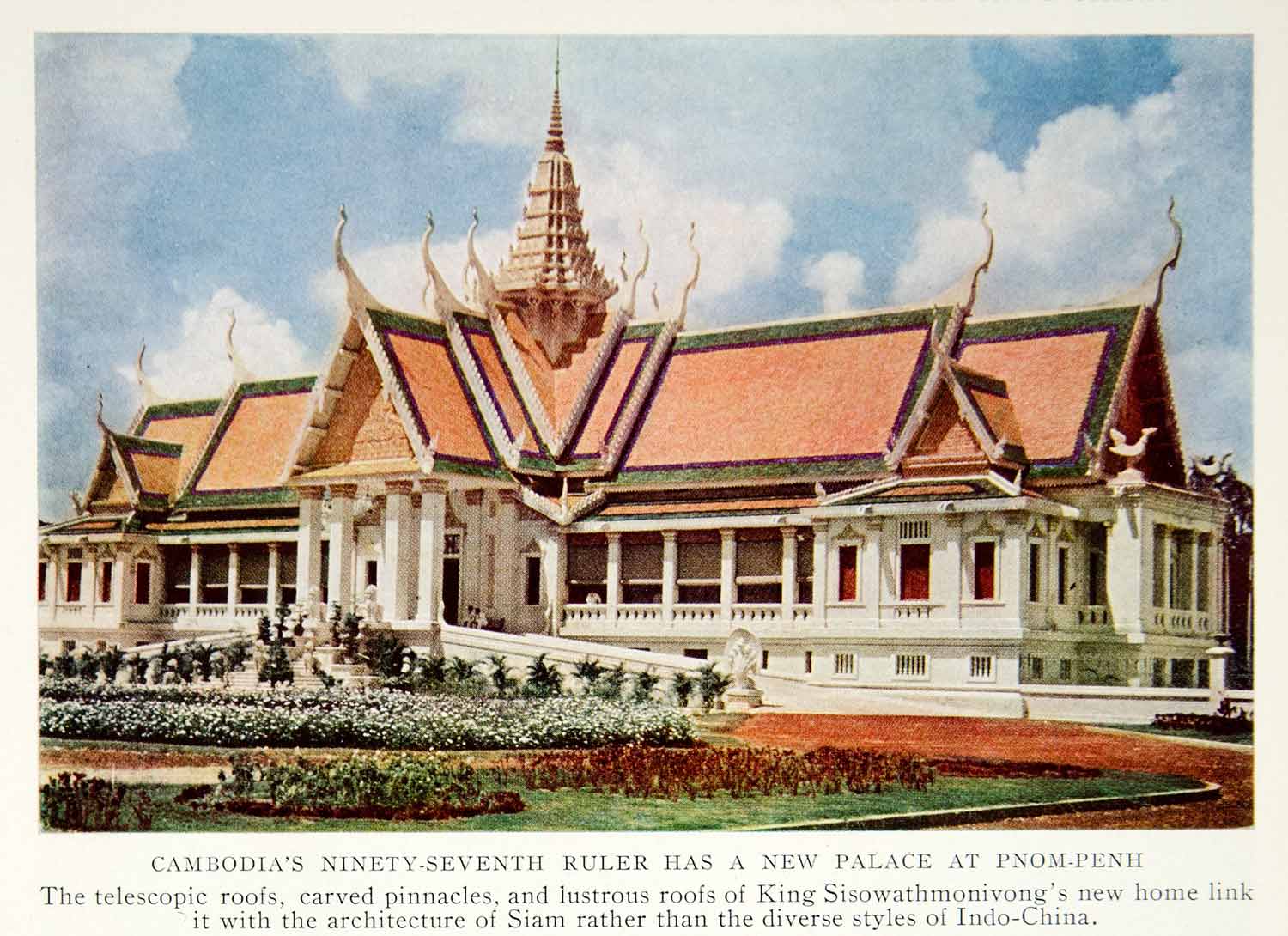 1935 Print Cambodia Palace Ruler Royalty Pnom Penh Architecture Garden ...