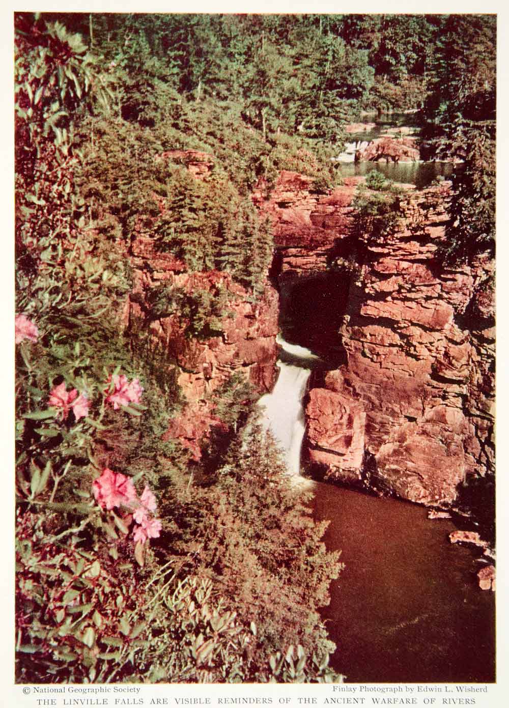 1934 Color Print Linville Falls Blue Ridge Mountains North Carolina Water NGMA6