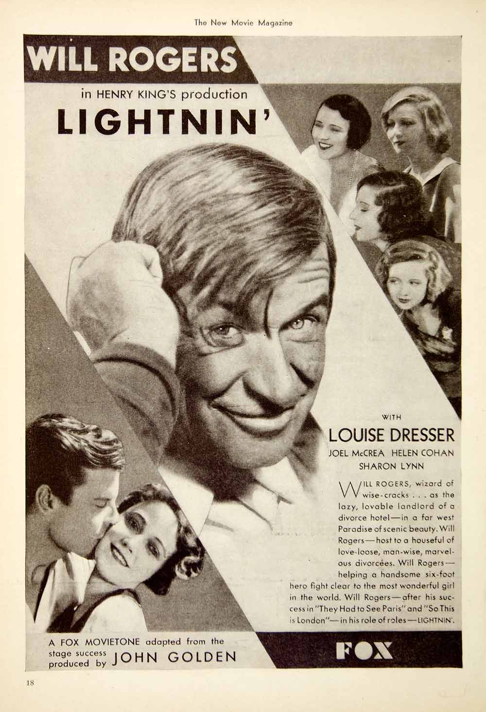 1931 Ad Will Rogers Lightnin' Louise Dresser Joel McCrea Fox Sharon Lynn NMM1