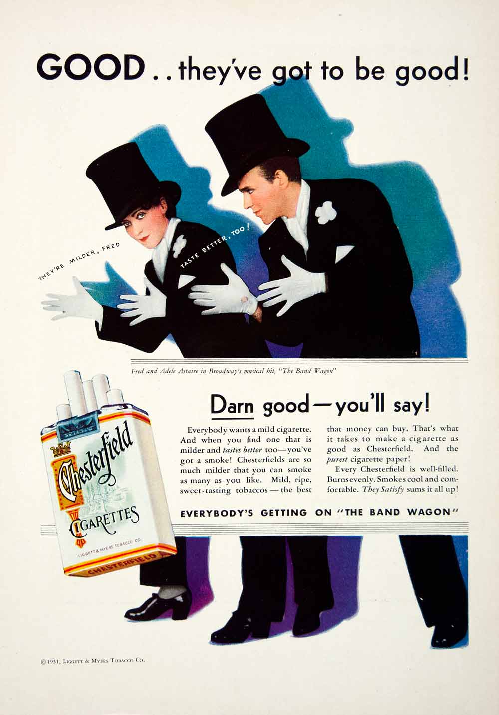 1931 Advert Chesterfield Cigarettes Tobacco Fred Jazz Hands Pack Smokes Top NMM1