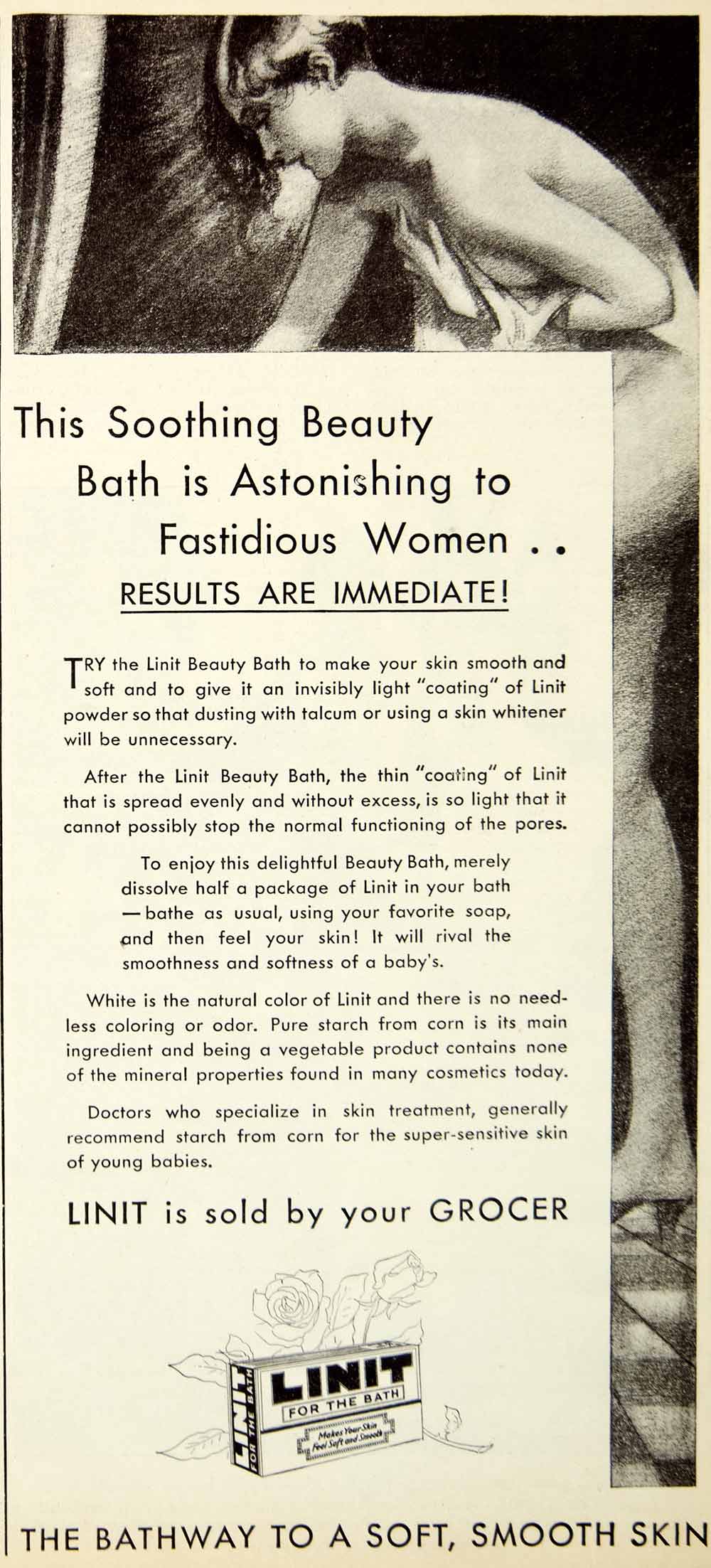 1930 Vintage Advert Linit Beauty Bath Soft Skin Natural Nude Toiletry NMM1