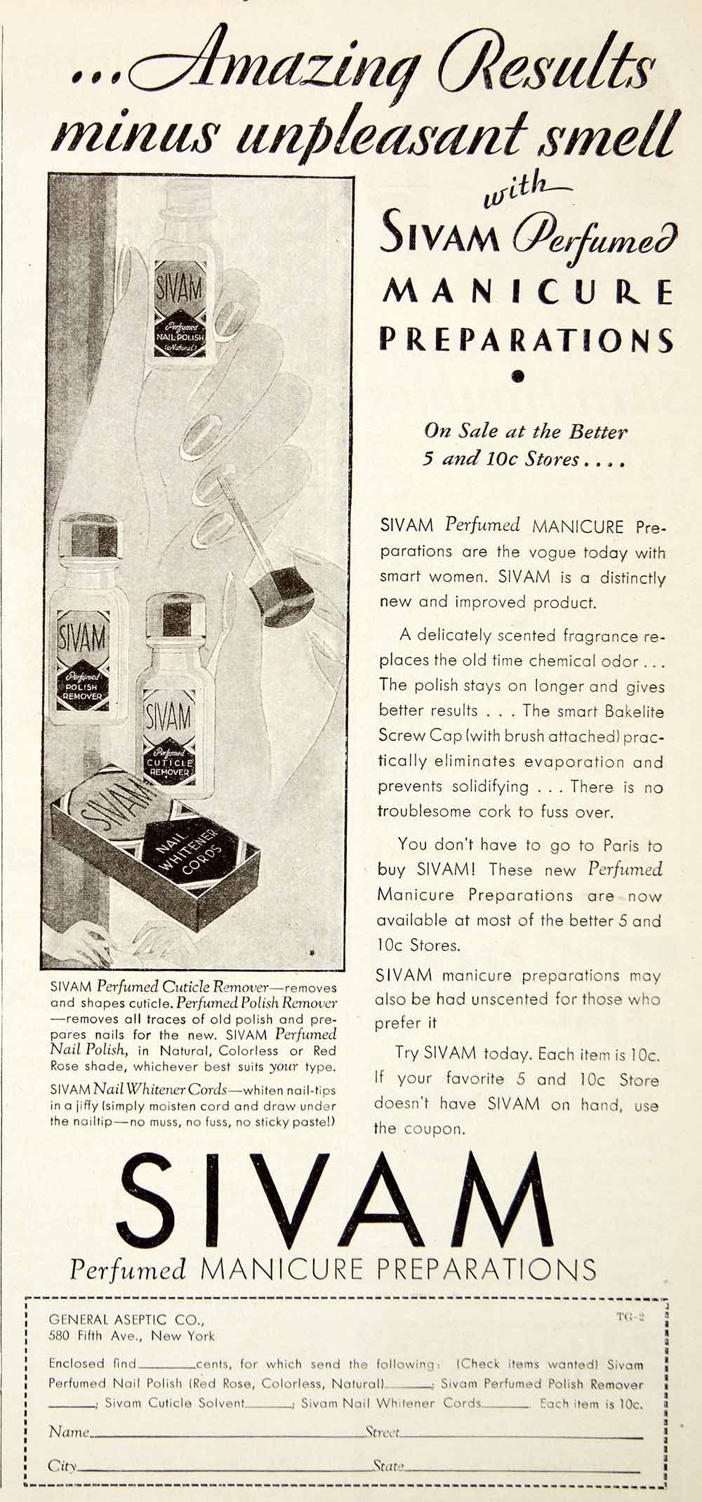 1931 Ad Sivam Perfumed Manicure Preparations General Aseptic 580 Fifth Ave NMM1
