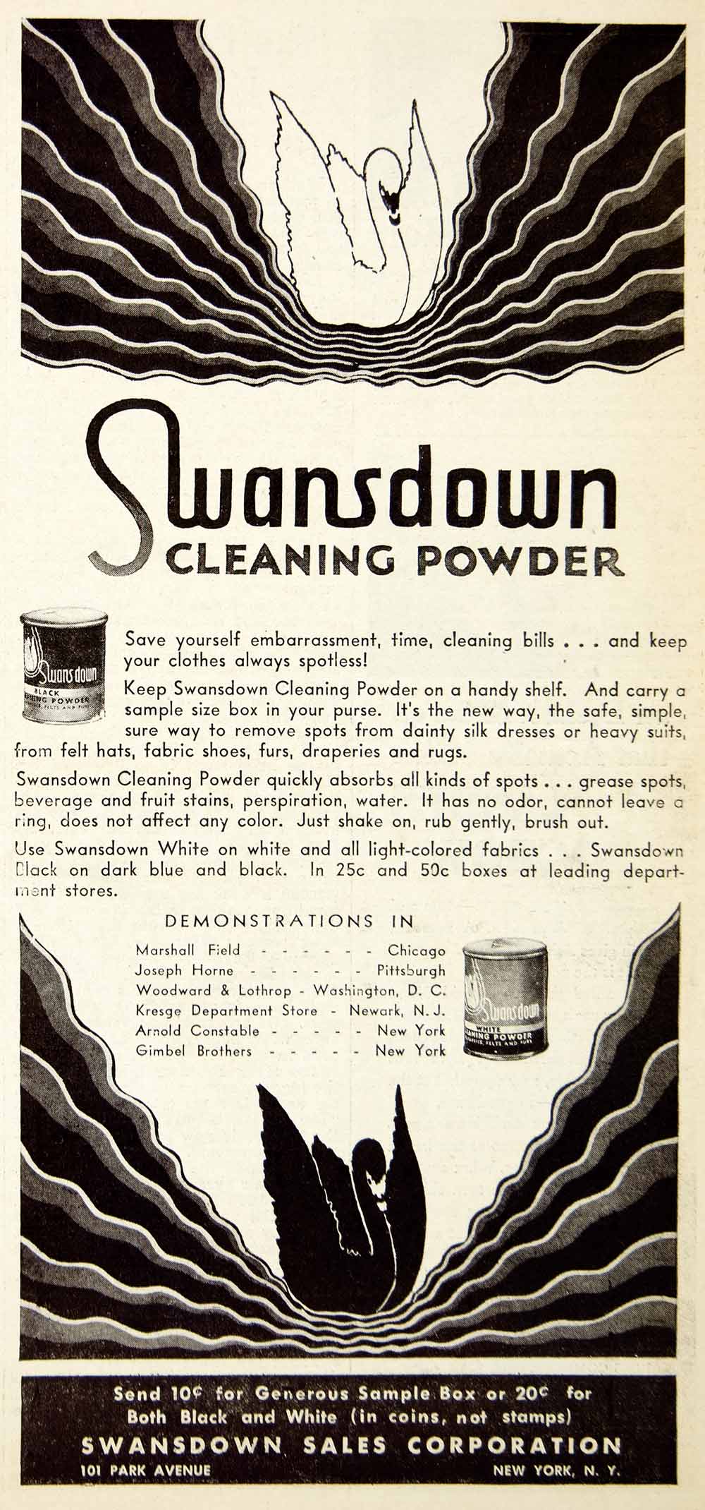 1931 Advert Swansdown Cleaning Powder 101 Park Avenue Laundry Stain Remover NMM1