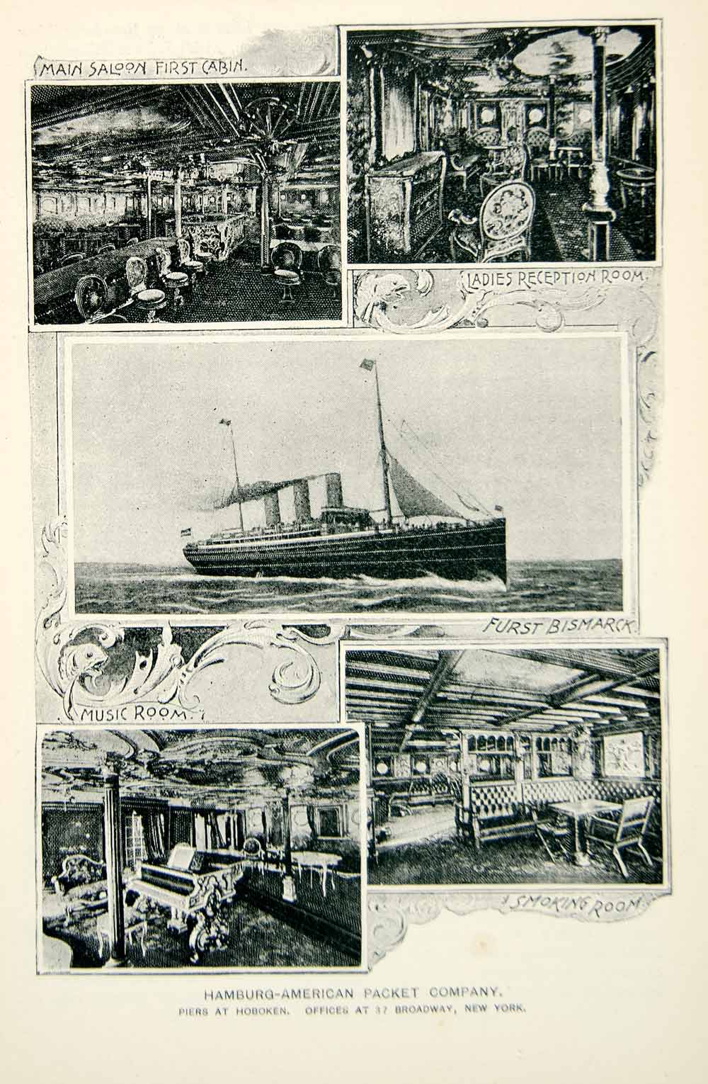 1893 Print Hamburg American SS Furst Bismarck Ship Main Saloon Smoking Room NY2A
