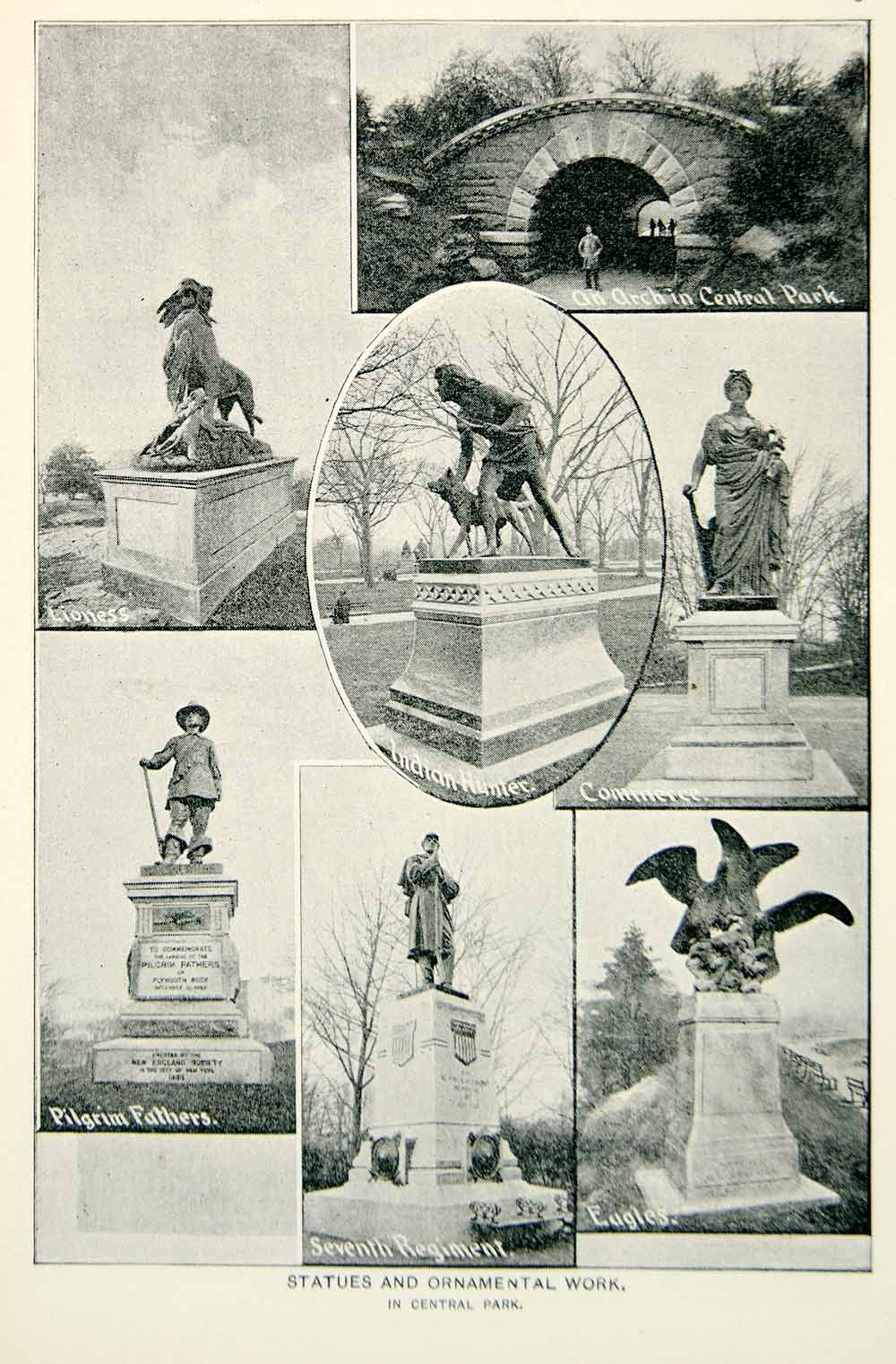 1893 Print Central Park New York City Statues Indian Hunter Pilgrim Fathers NY2A