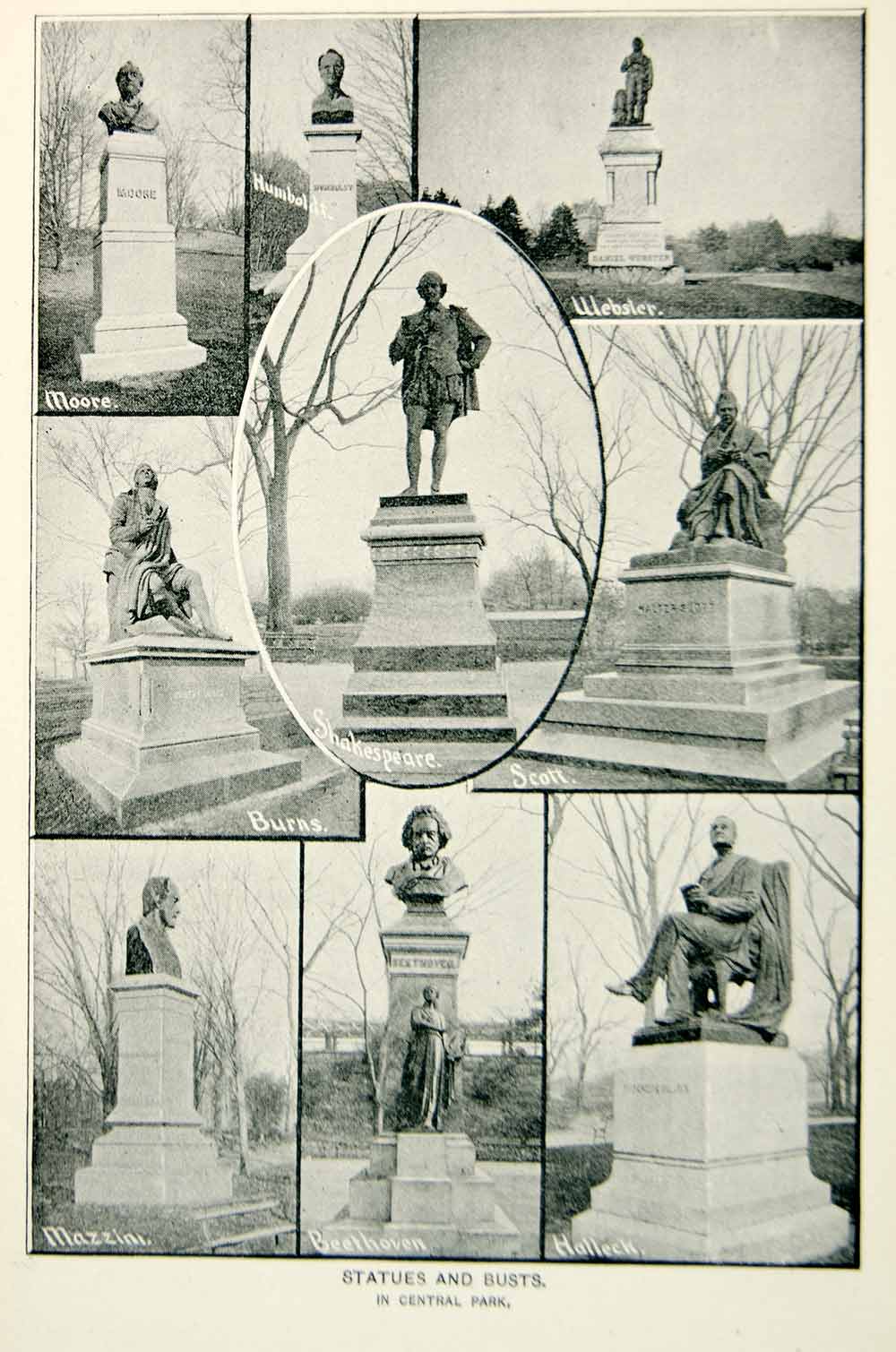 1893 Print Central Park New York City Statues Shakespeare Webster Burns NY2A
