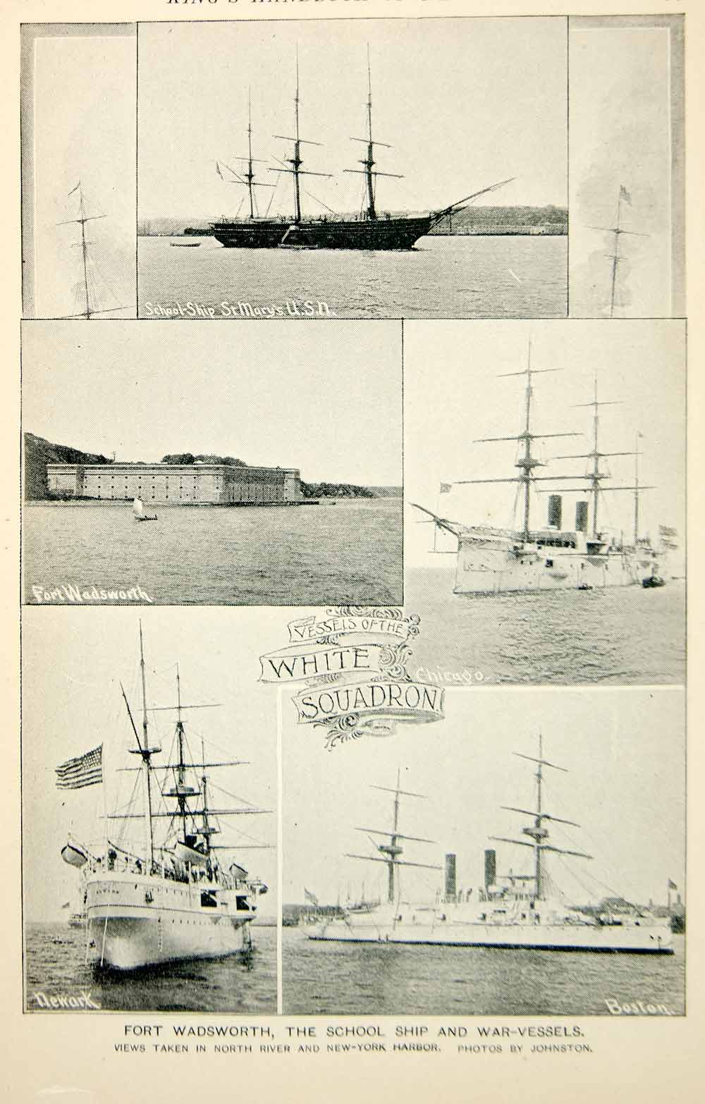 1893 Print White Squadron Ship Fort Wadsworth New York City Harbor Historic NY2A