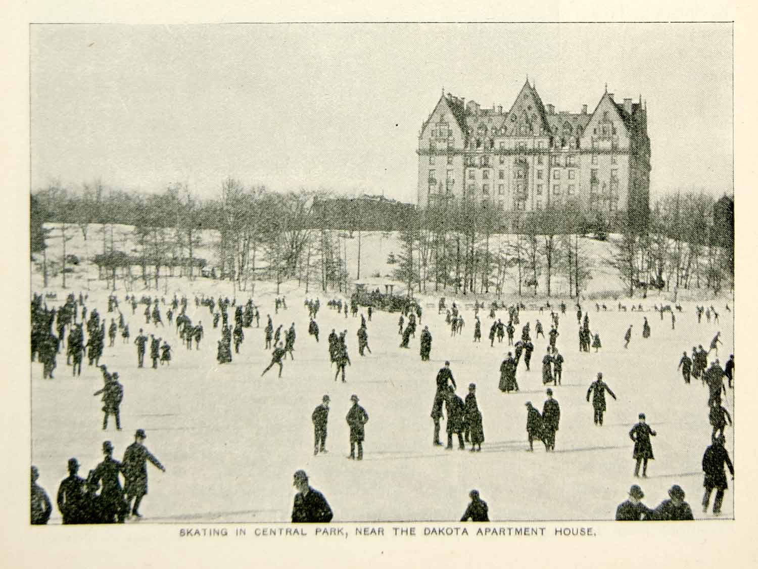 1893 Print Central Park Ice Skating Skaters Dakota Apartment Building NYC NY2A
