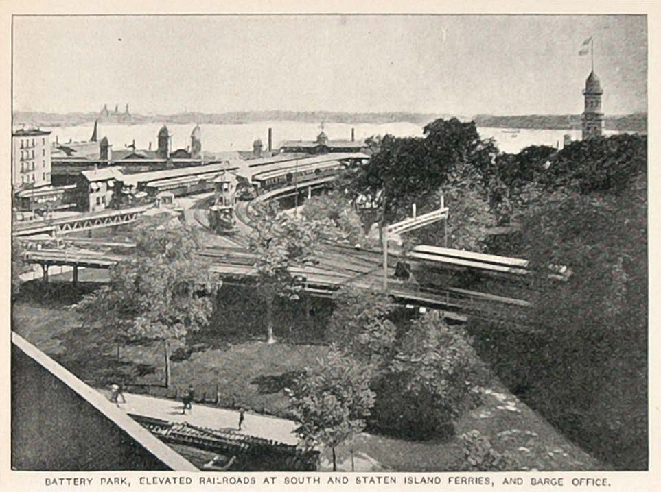 1893 Print Battery Park Elevated Train Ferries New York ORIGINAL HISTORIC NY2